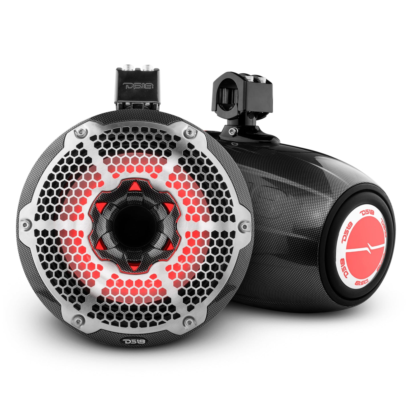 NXL 10" Neodymium Marine and Powersports Towers with Built-in Passive Radiator, 1" Driver and LED RGB Lights 300 Watts Rms -Black Carbon Fiber