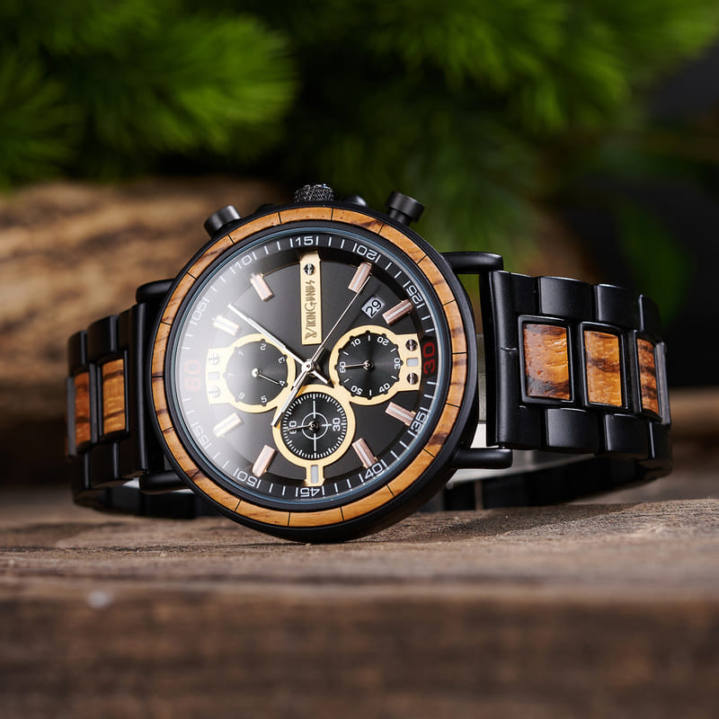 Black & Gold Chronograph Wooden Watch