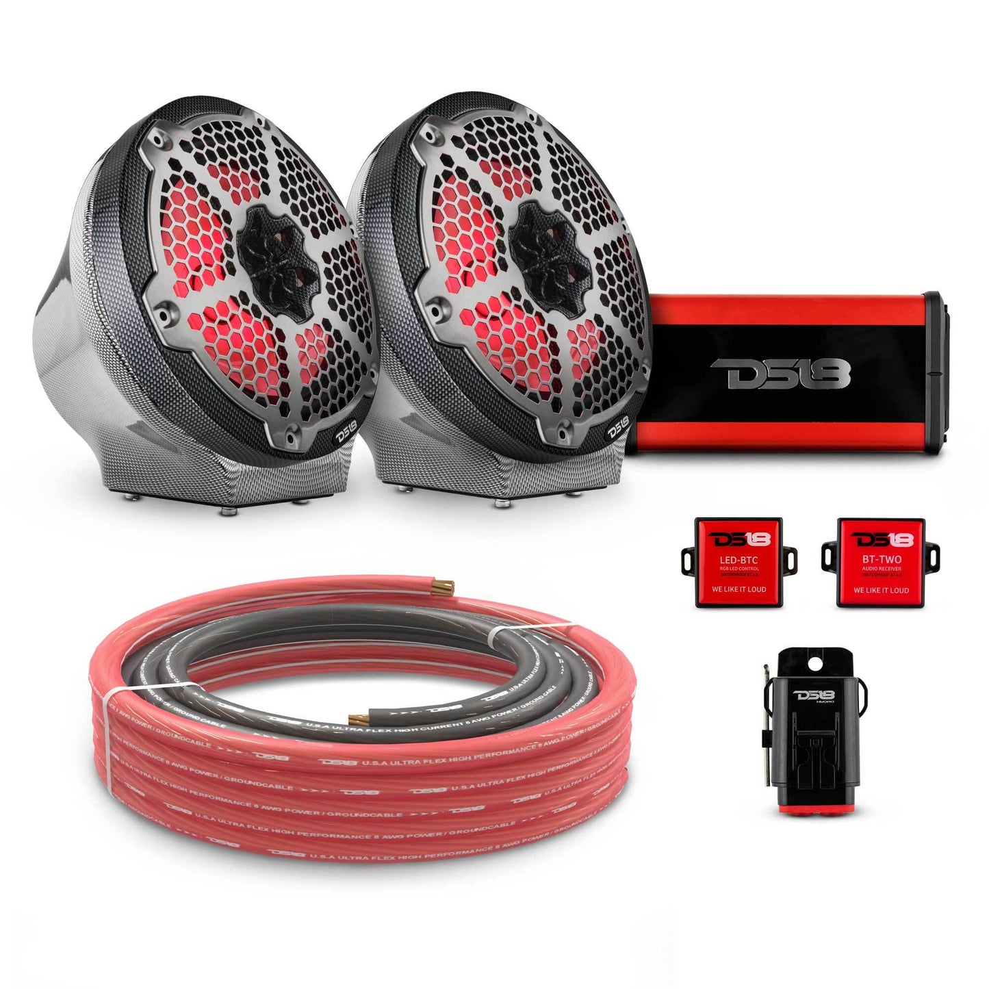 8" Loaded Flat Mount Speaker Pods with Amplifier, Installation Kit and RGB LED Lights, Package for Can-Am Spyder & Ryker