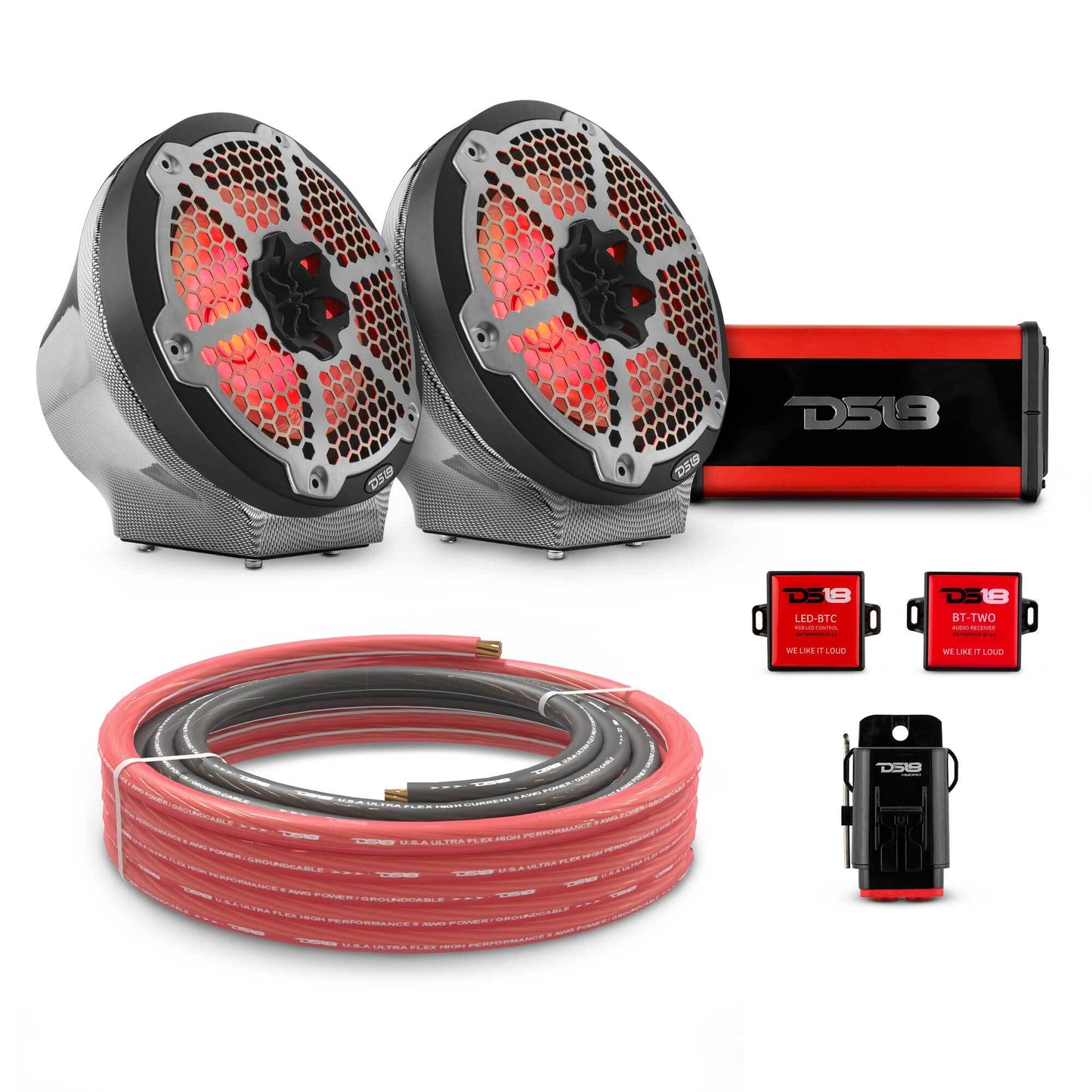 8" Loaded Flat Mount Speaker Pods with Amplifier, Installation Kit and RGB LED Lights, Package for Can-Am Spyder & Ryker