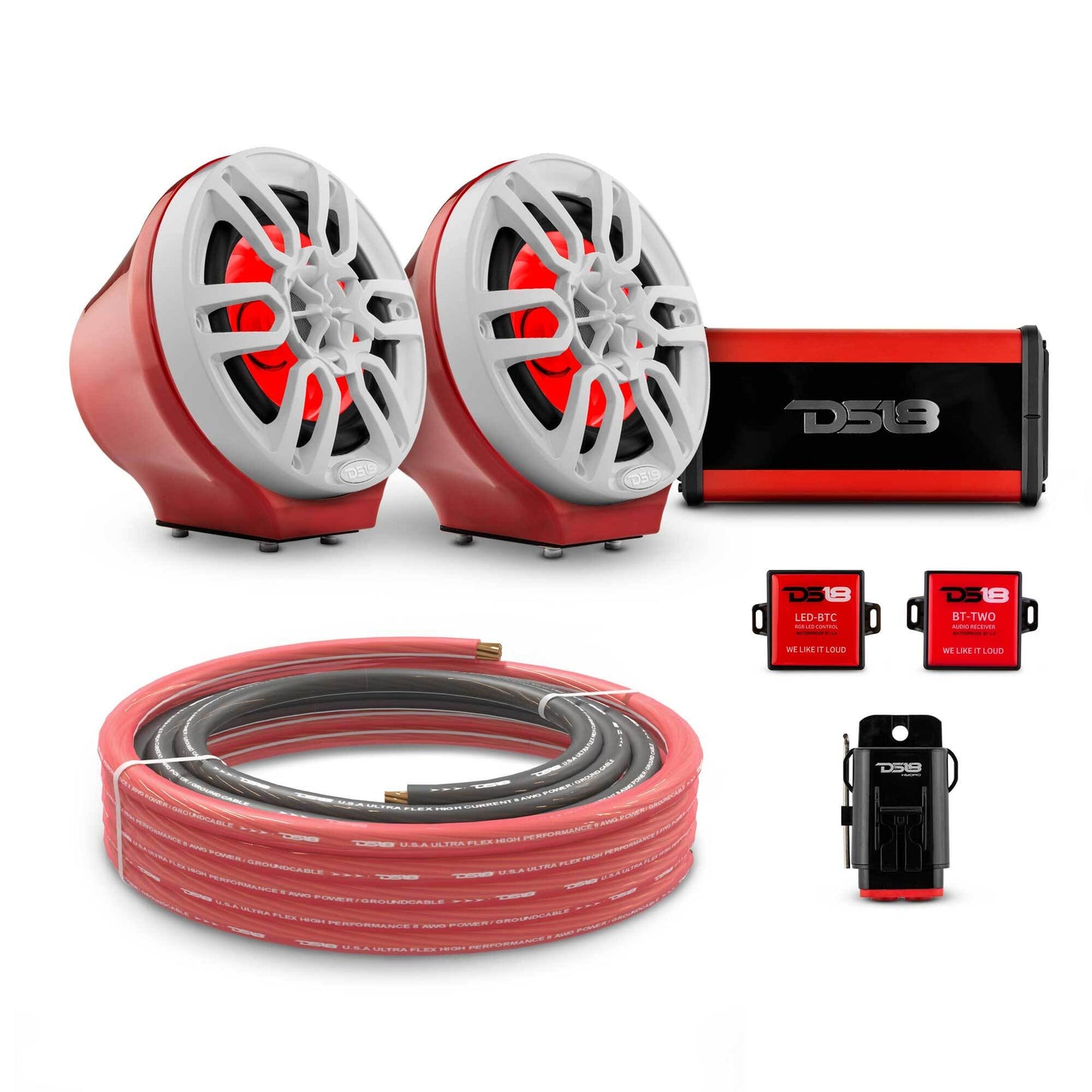 6.5" Loaded Flat Mount Speaker Pods with Amplifier, Installation Kit and RGB LED Lights, Package for Can-Am Spyder & Ryker