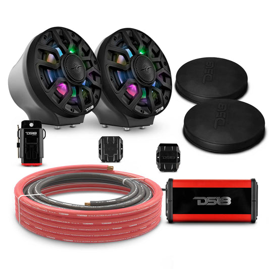 6.5" Loaded Flat Mount Speaker Pods with Amplifier, Installation Kit and Digital LED Lights, Package for Can-Am Spyder & Ryker