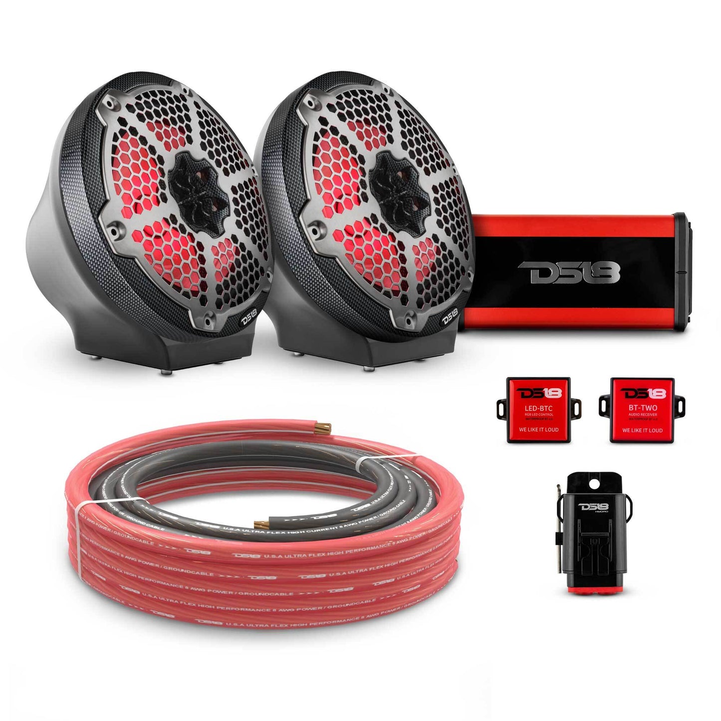 8" Loaded Flat Mount Speaker Pods with Amplifier, Installation Kit and RGB LED Lights, Package for Can-Am Spyder & Ryker