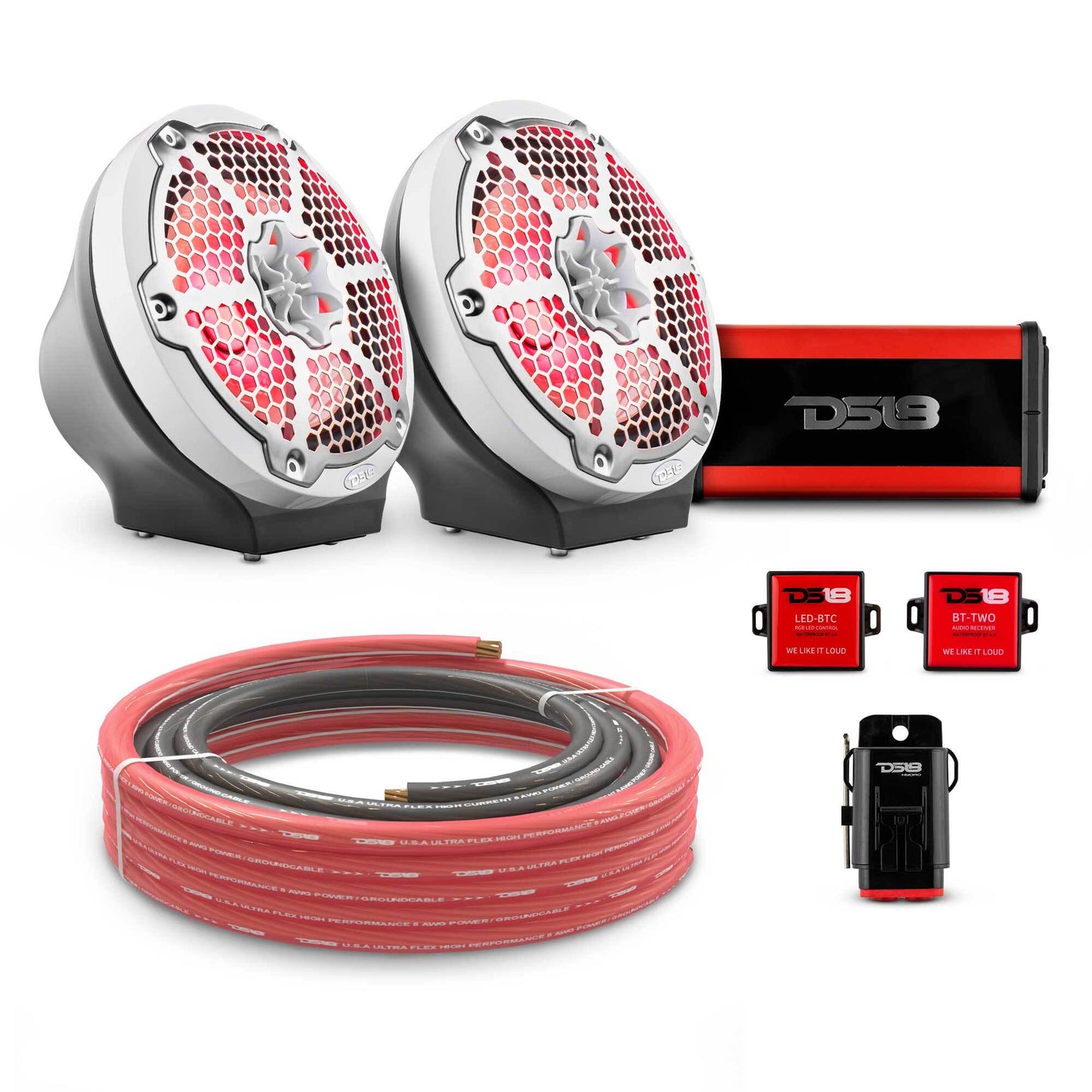 8" Loaded Flat Mount Speaker Pods with Amplifier, Installation Kit and RGB LED Lights, Package for Can-Am Spyder & Ryker