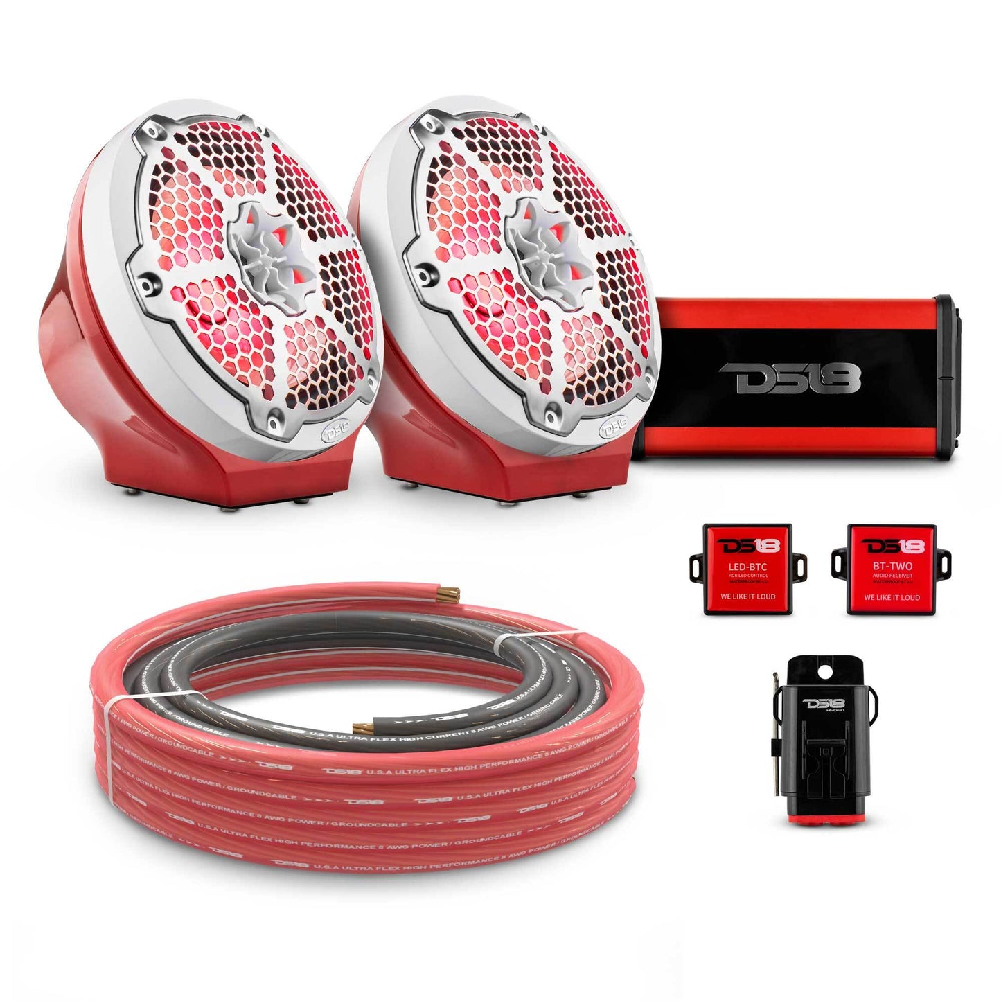 8" Loaded Flat Mount Speaker Pods with Amplifier, Installation Kit and RGB LED Lights, Package for Can-Am Spyder & Ryker