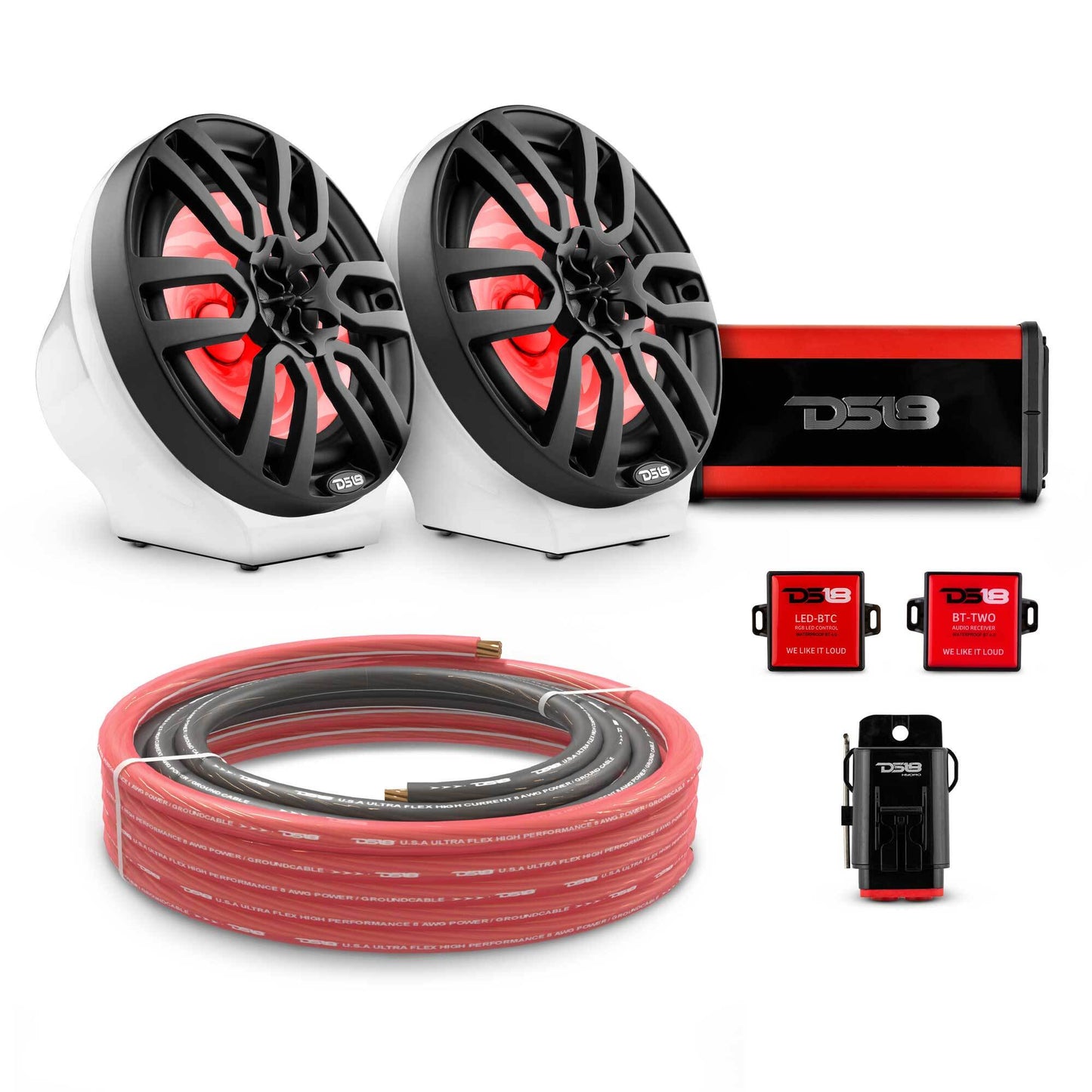 8" Loaded Flat Mount Speaker Pods with Amplifier, Installation Kit and RGB LED Lights, Package for Can-Am Spyder & Ryker