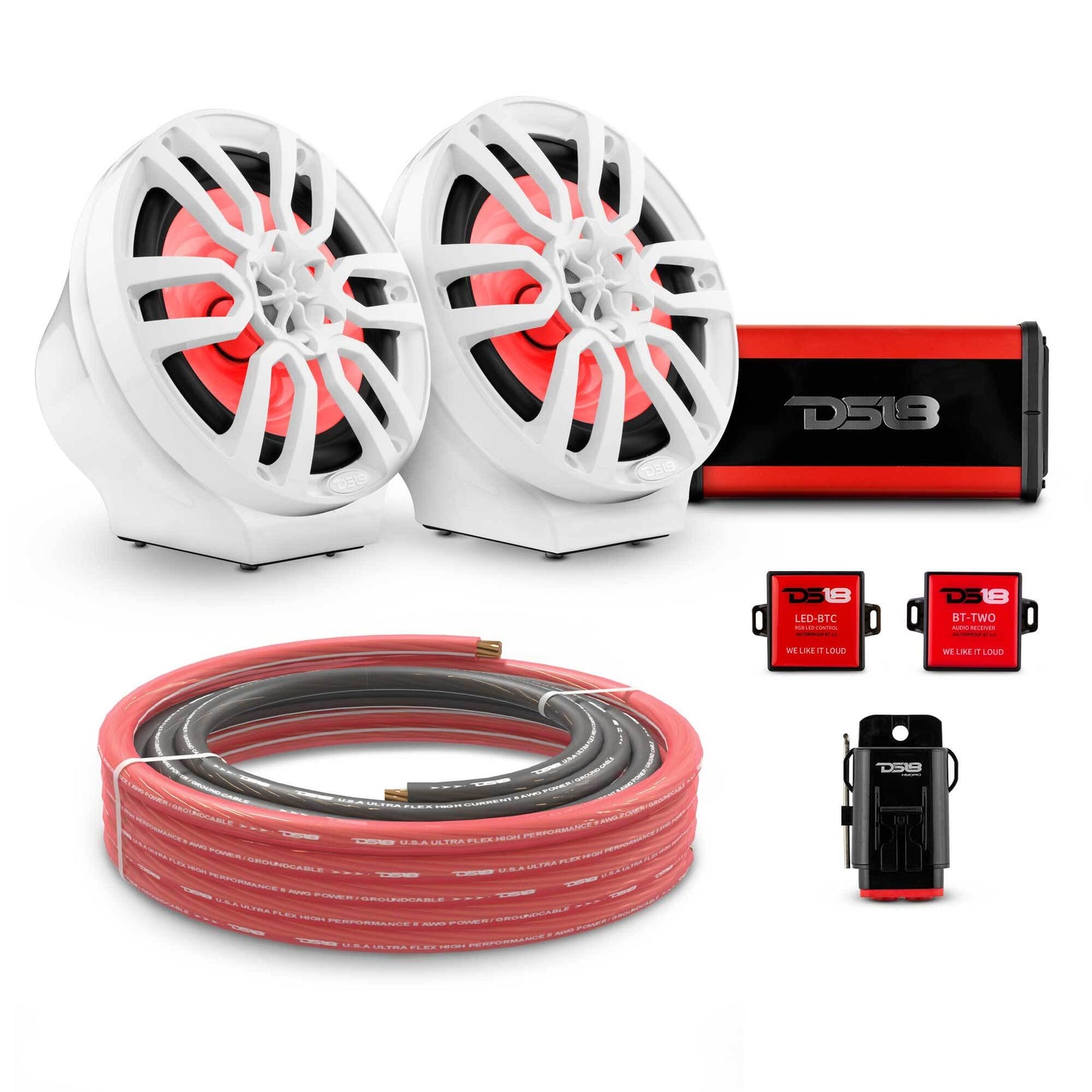 8" Loaded Flat Mount Speaker Pods with Amplifier, Installation Kit and RGB LED Lights, Package for Can-Am Spyder & Ryker