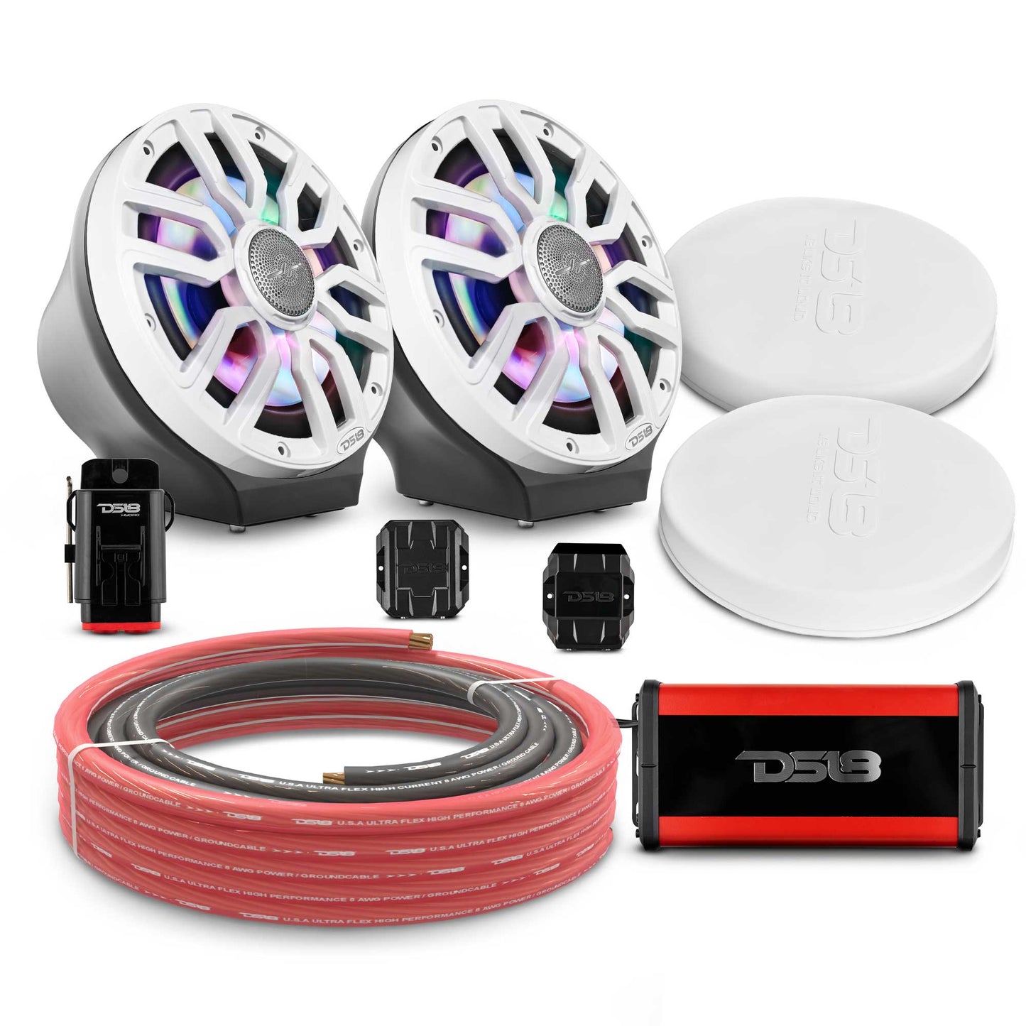 8" Loaded Flat Mount Speaker Pods with Amplifier, Installation Kit and Digital LED Lights, Package for Can-Am Spyder & Ryker