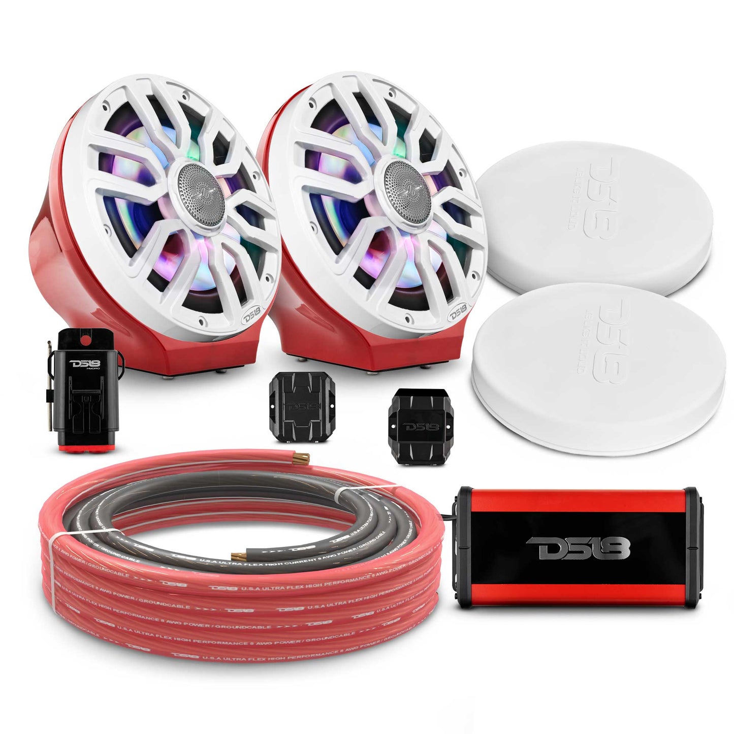 8" Loaded Flat Mount Speaker Pods with Amplifier, Installation Kit and Digital LED Lights, Package for Can-Am Spyder & Ryker