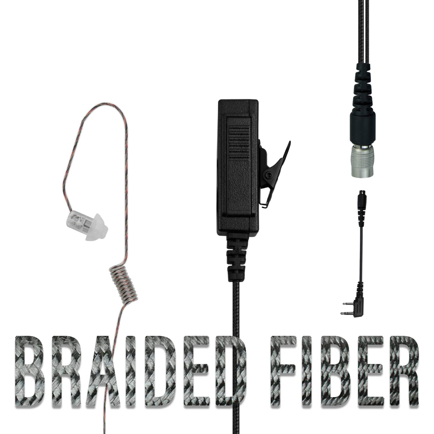 Braided Fiber Tactical Mic & Invisible Series Tubeless Earpiece Complete Kit w/ Quick Disconnect (Hirose) - All Kenwood 2 Pin TK & NEXEDGE (NX), Baofeng, BTECH, Rugged Radios, Diga-Talk, TYT, AnyTone, Alinco, Relm/BK Radio, Quansheng, Wouxon, Retevis