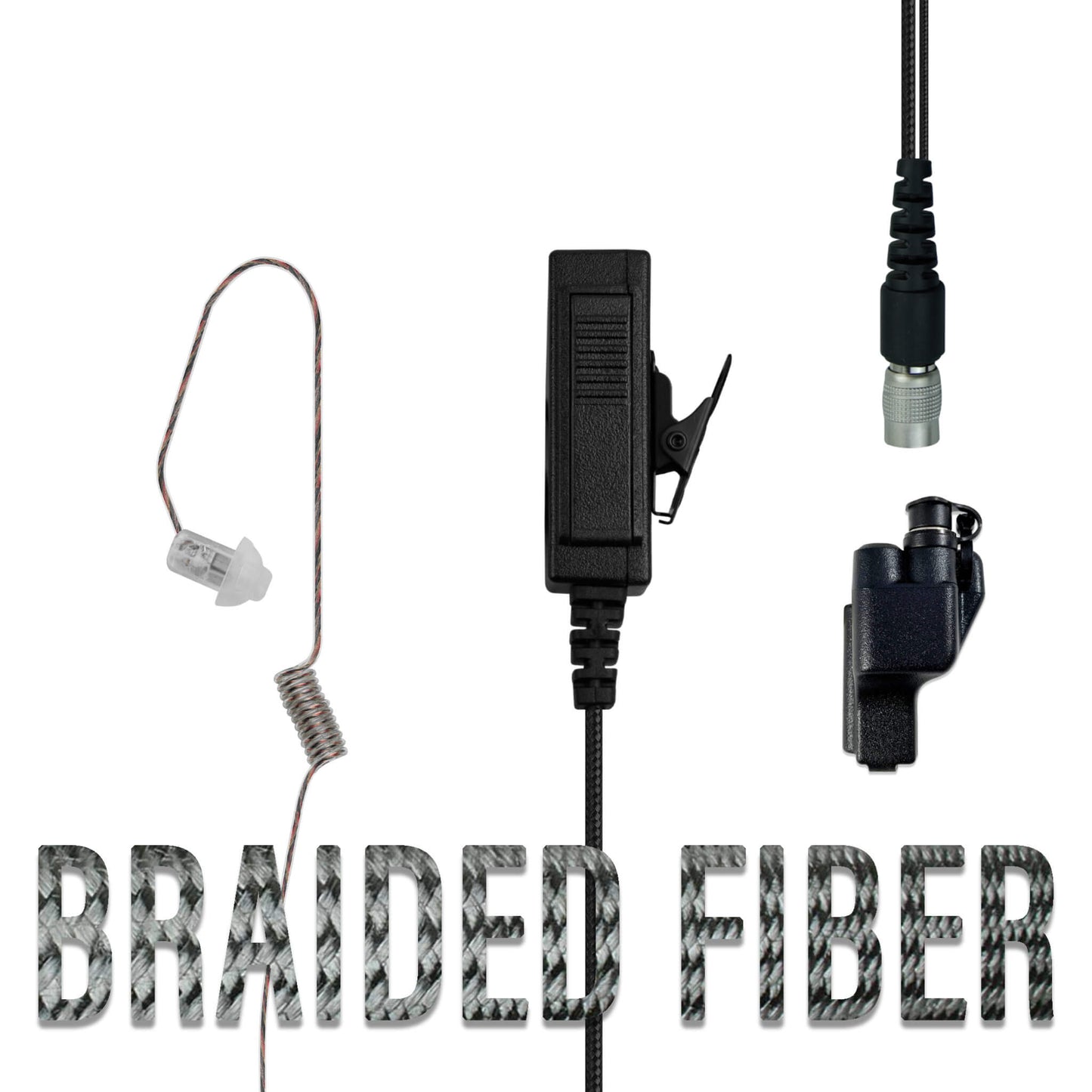 Braided Fiber Tactical Mic & Invisible Series Tubeless Earpiece Complete Kit w/ Quick Disconnect (Hirose) - EF Johnson All 51, 5000, 5100, 7700, 8100 Series, Ascend, Kenwood VP400, VP600, VP900 & More