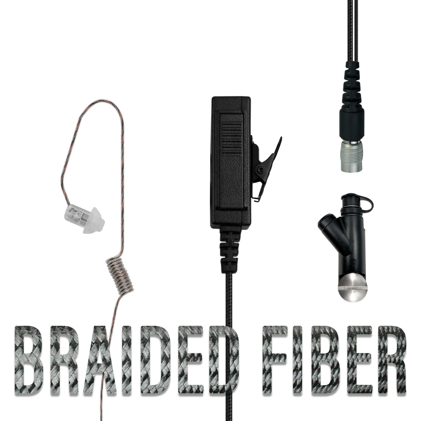 Braided Fiber Tactical Mic & Invisible Series Tubeless Earpiece Complete Kit w/ Quick Disconnect (Hirose) - Harris: XL-150/P, XG-100/P, XL-185/P/Pi, XL-200/P/Pi, XL-400