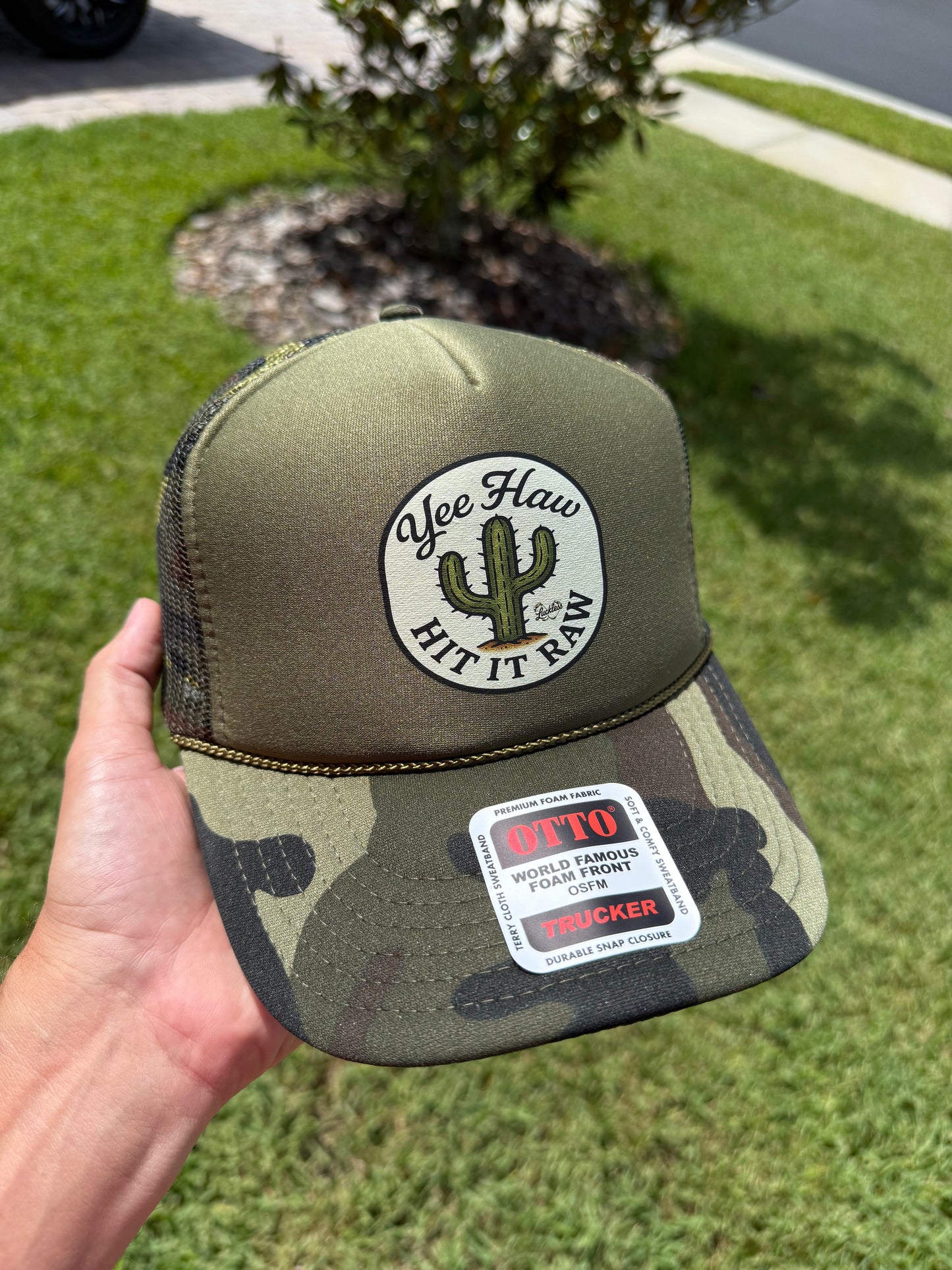 Yee Haw Hit it Raw Camo Trucker