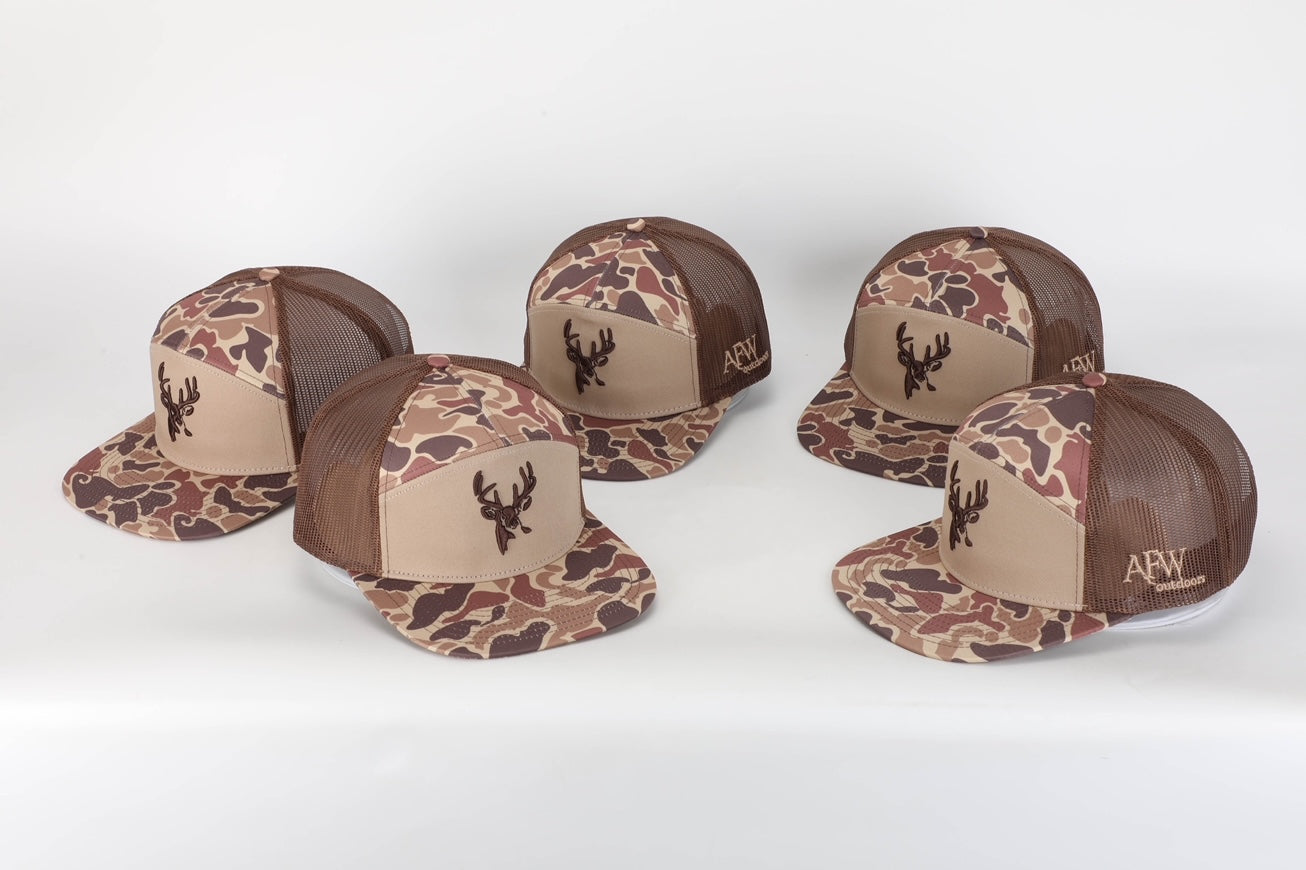 Buck 7 Panel Brown Old School AFW Style w- 3 D Puff and Brown Mesh Hat