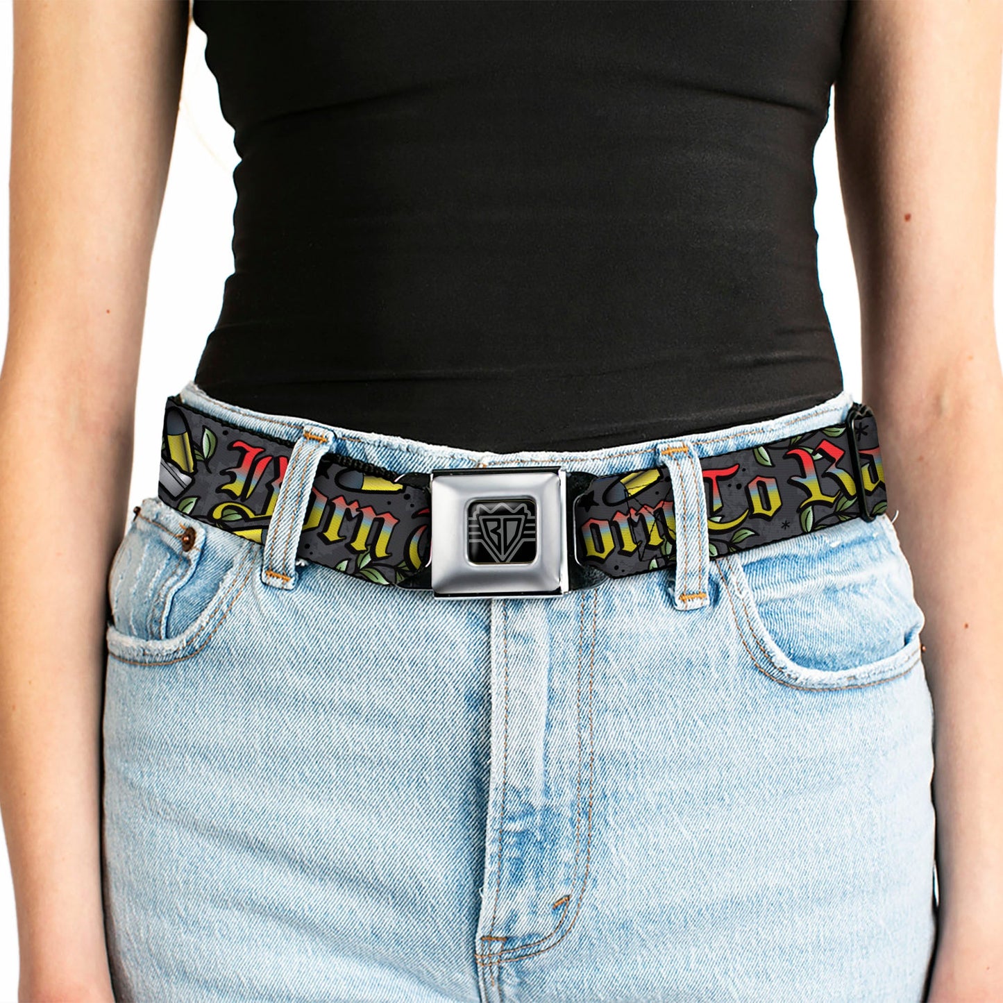 BD Wings Logo CLOSE-UP Full Color Black Silver Seatbelt Belt - Born to Raise Hell Gray Webbing
