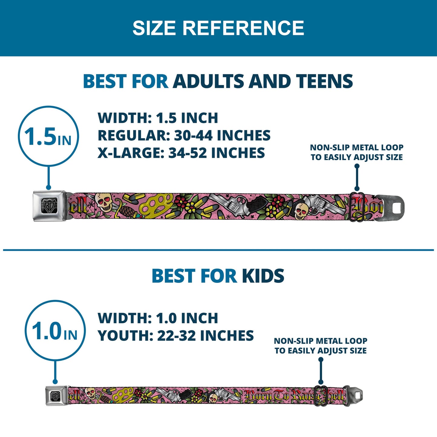 BD Wings Logo CLOSE-UP Full Color Black Silver Seatbelt Belt - Born to Raise Hell Pink Webbing