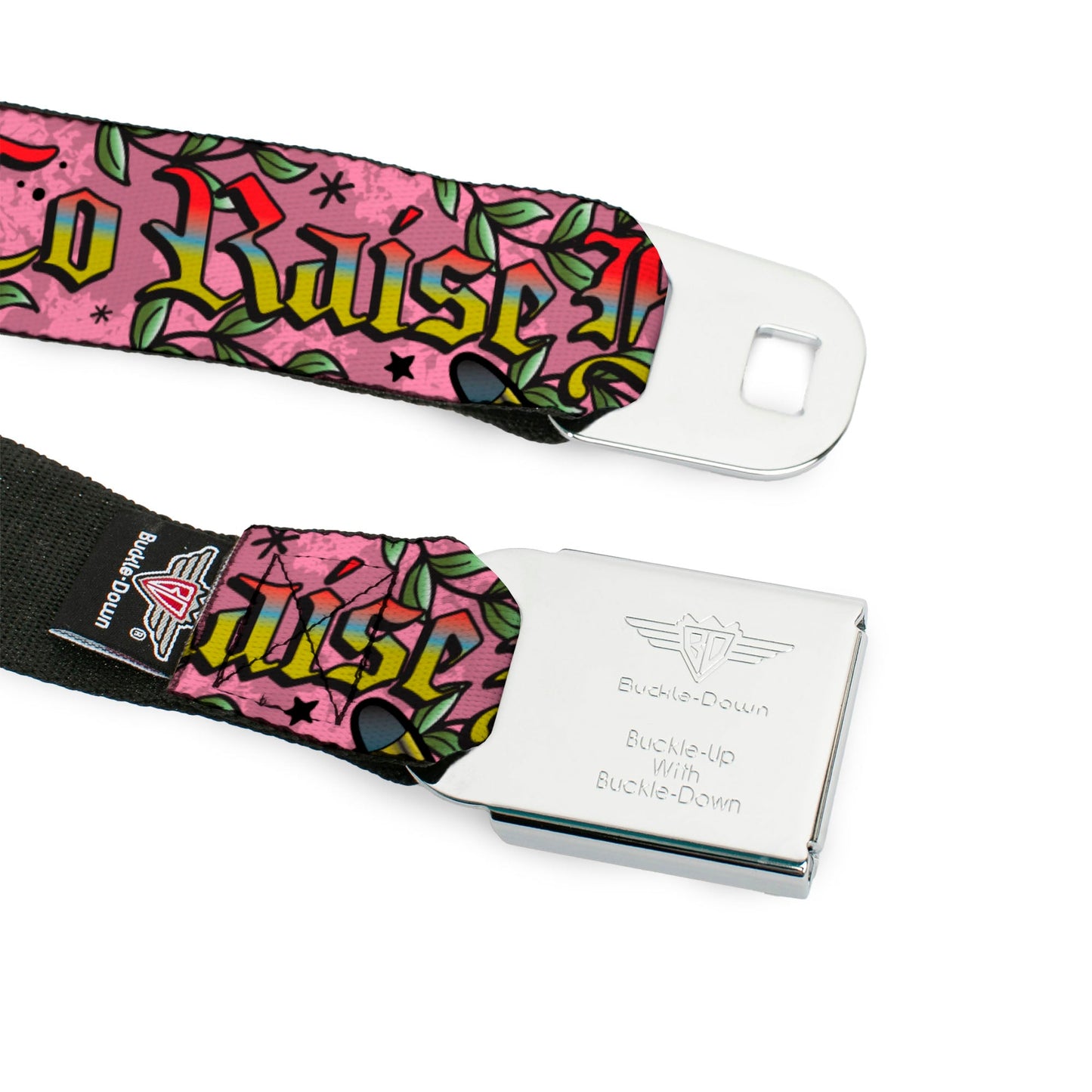 BD Wings Logo CLOSE-UP Full Color Black Silver Seatbelt Belt - Born to Raise Hell Pink Webbing
