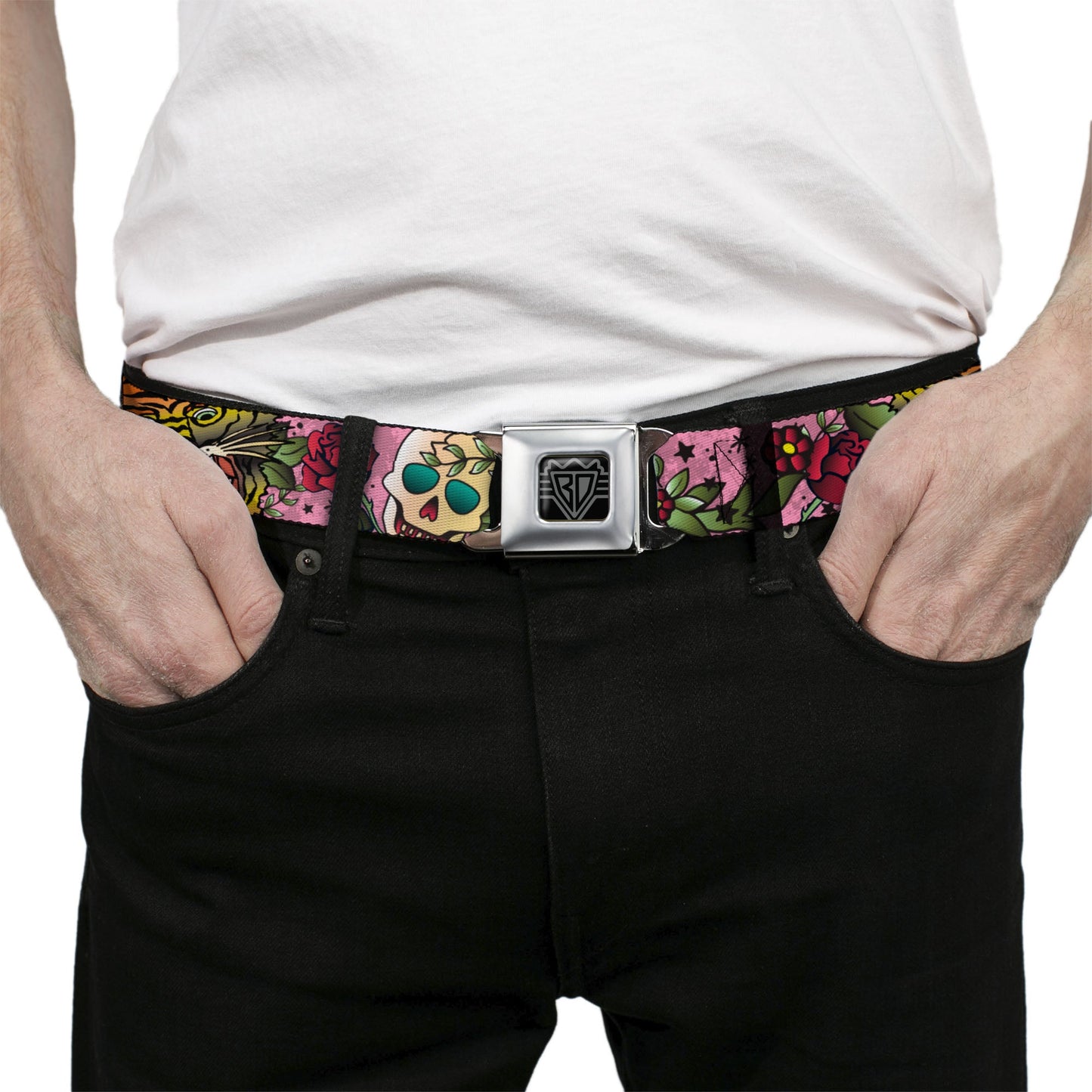BD Wings Logo CLOSE-UP Full Color Black Silver Seatbelt Belt - Death Before Dishonor Pink Webbing