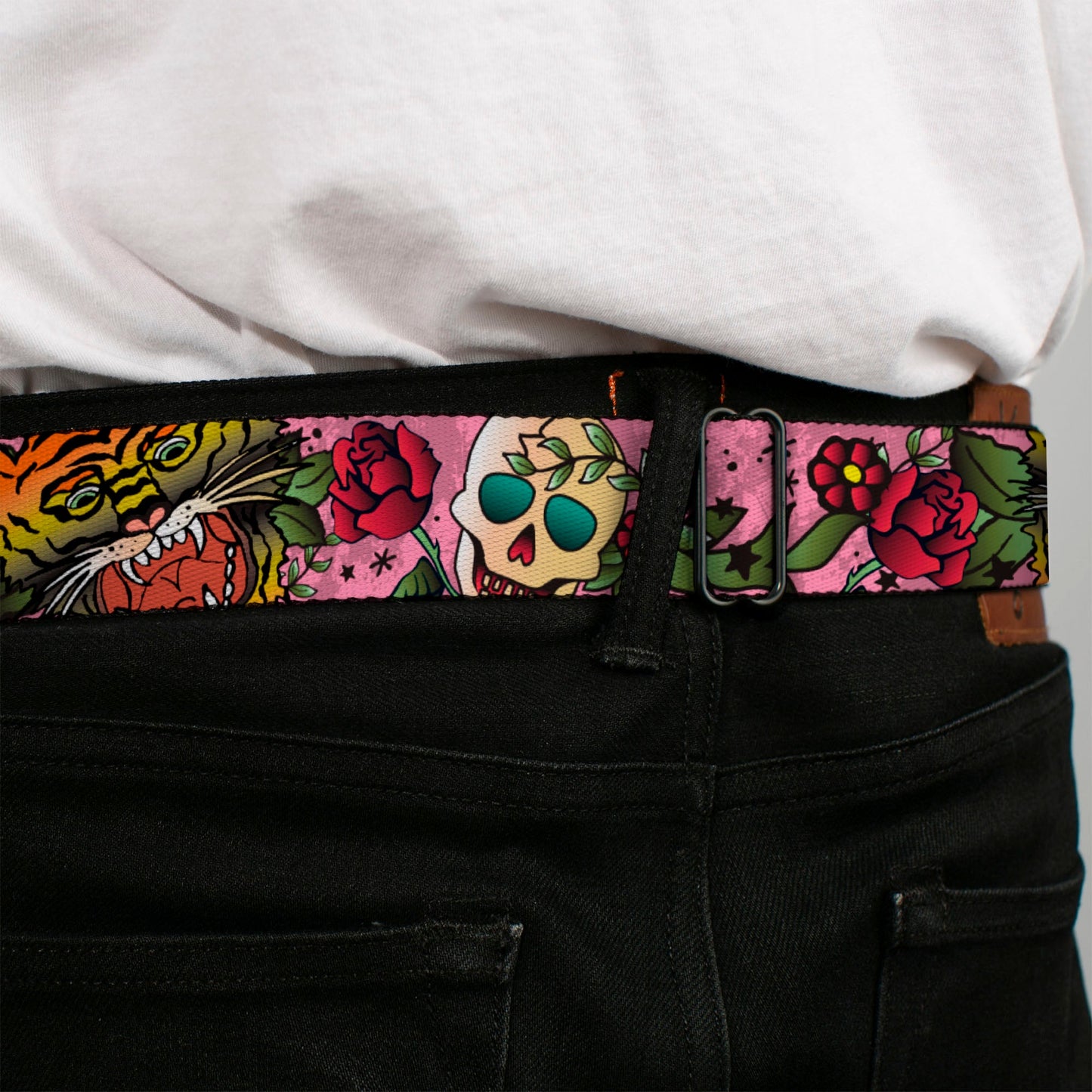 BD Wings Logo CLOSE-UP Full Color Black Silver Seatbelt Belt - Death Before Dishonor Pink Webbing