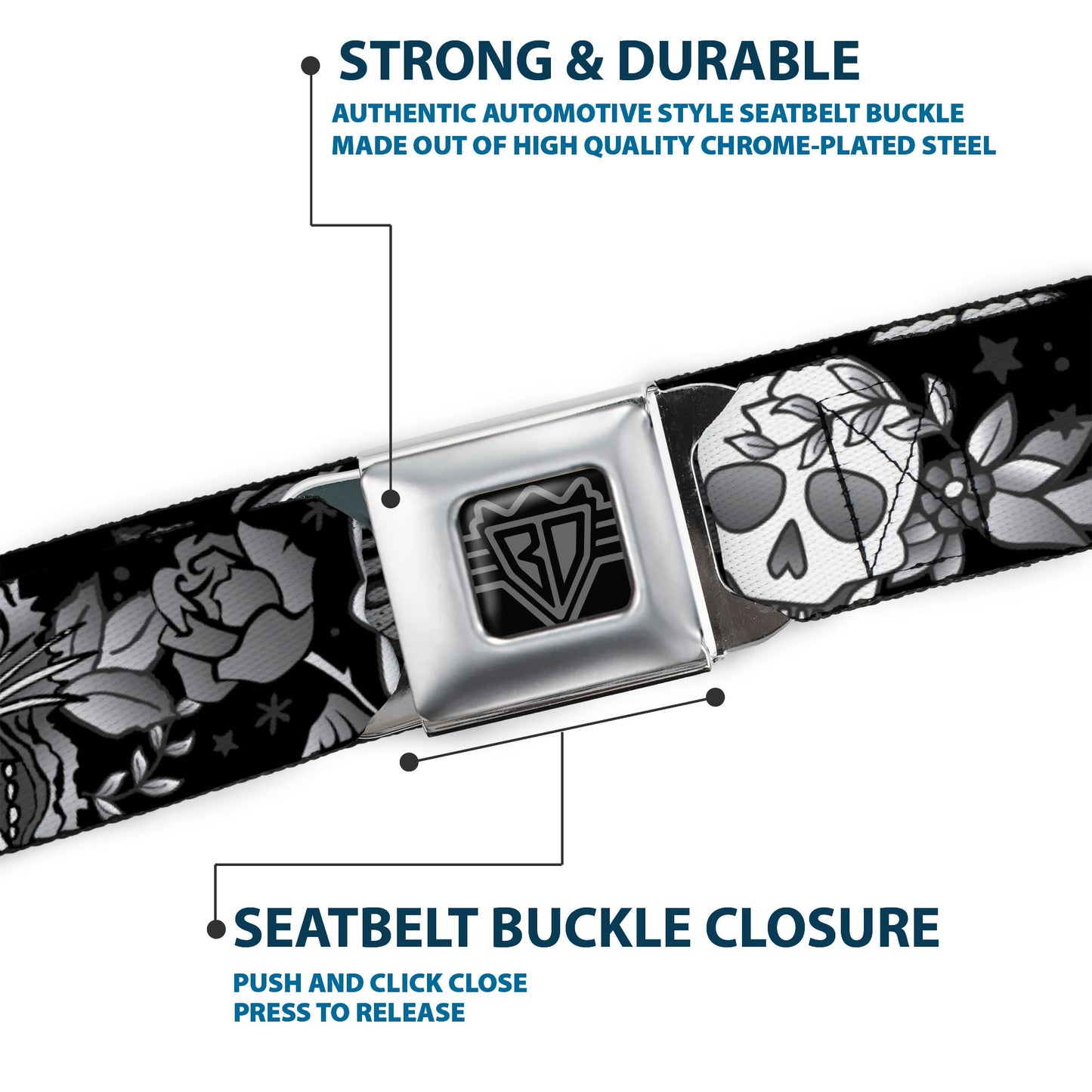 BD Wings Logo CLOSE-UP Full Color Black Silver Seatbelt Belt - Death Before Dishonor Black/White Webbing