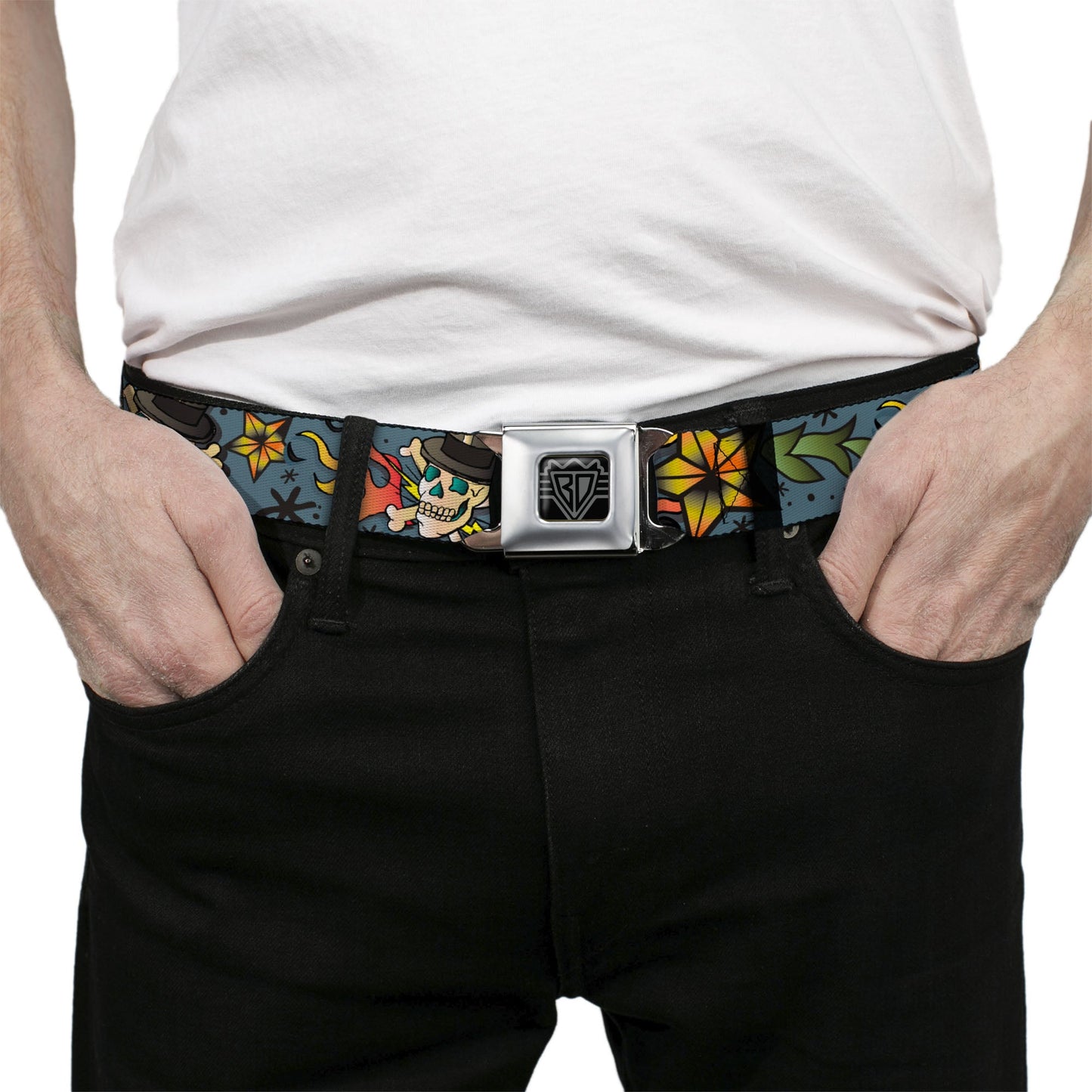 BD Wings Logo CLOSE-UP Full Color Black Silver Seatbelt Belt - Death or Glory CLOSE-UP Gray Webbing