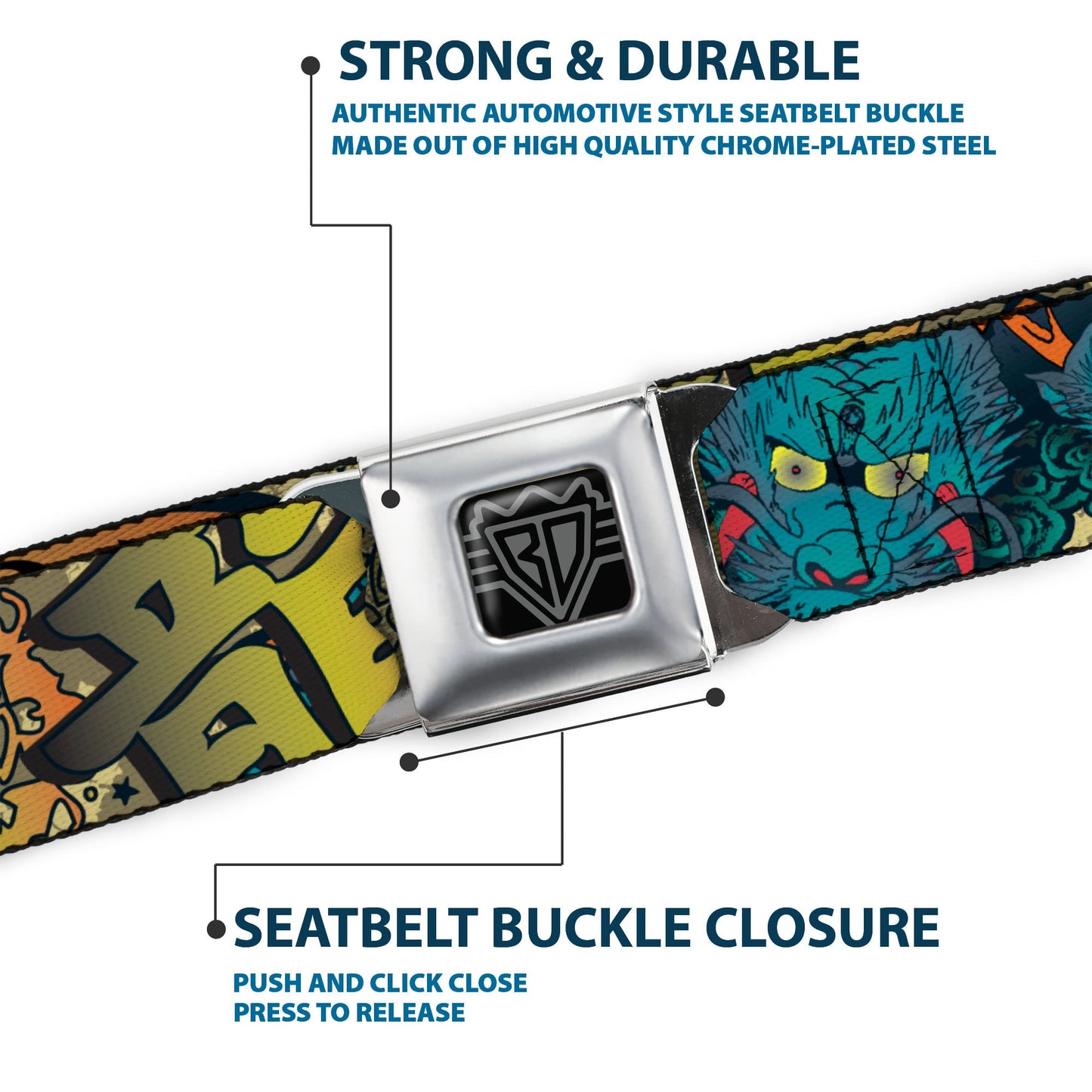 BD Wings Logo CLOSE-UP Full Color Black Silver Seatbelt Belt - Honor Tan Webbing