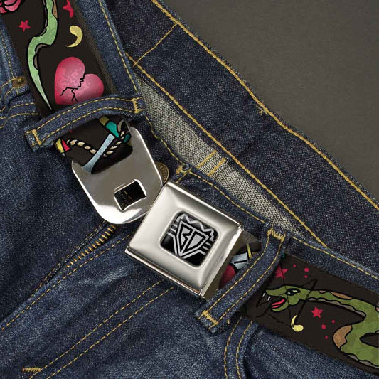 BD Wings Logo CLOSE-UP Full Color Black Silver Seatbelt Belt - Live Hard Die Young CLOSE-UP Black Webbing