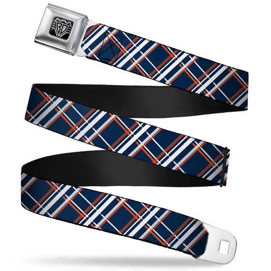 BD Wings Logo CLOSE-UP Full Color Black Silver Seatbelt Belt - Plaid X2 Navy/White/Orange Webbing