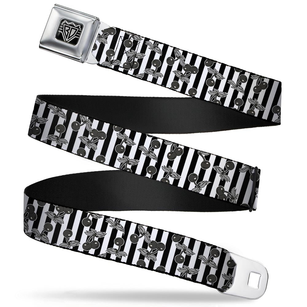 BD Wings Logo CLOSE-UP Full Color Black Silver Seatbelt Belt - Cherries Scattered/Vertical Stripe White/Black/Grays Webbing