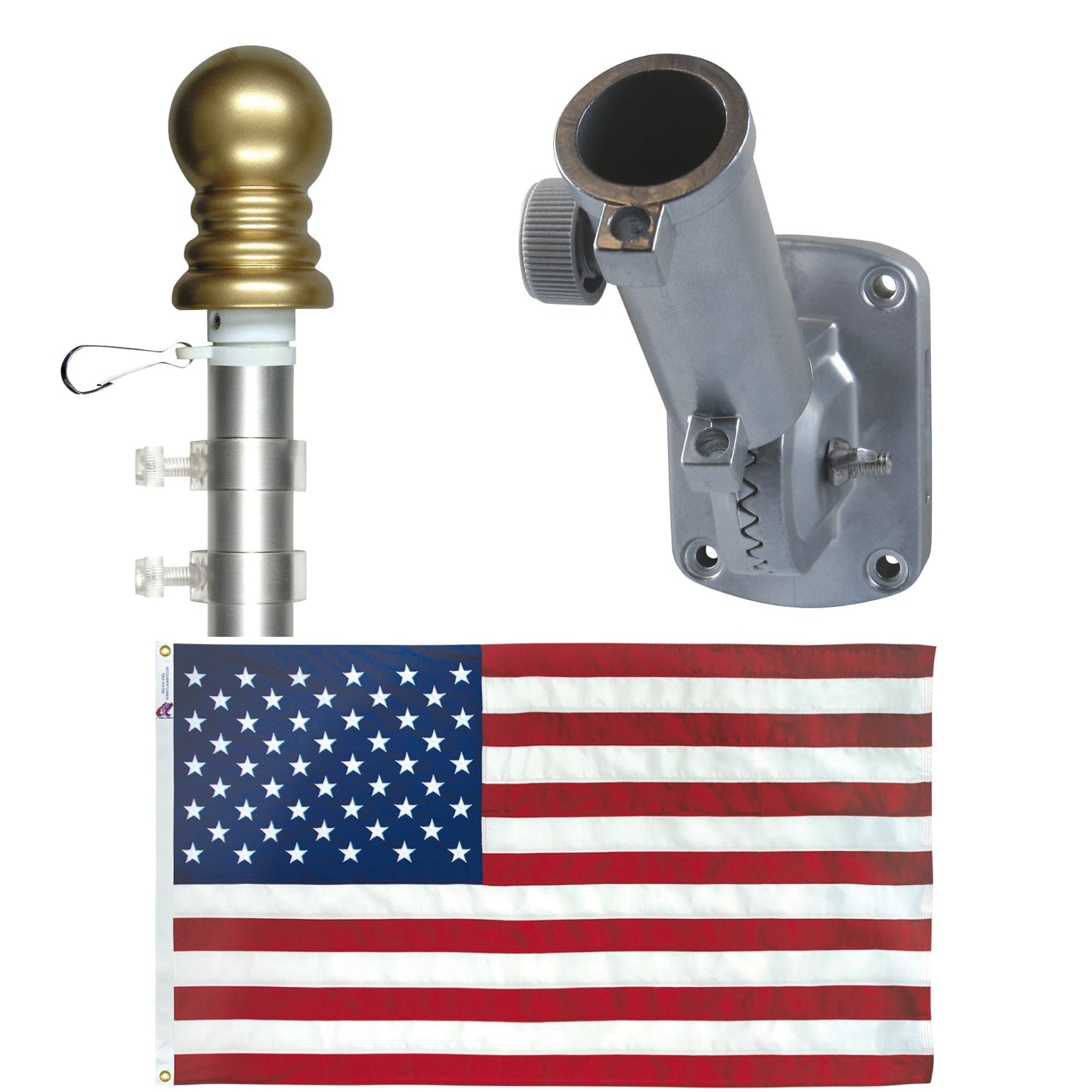 Non Tangle Flagpole Kit w/ Flag, Adjustable Bracket & Aluminum Pole