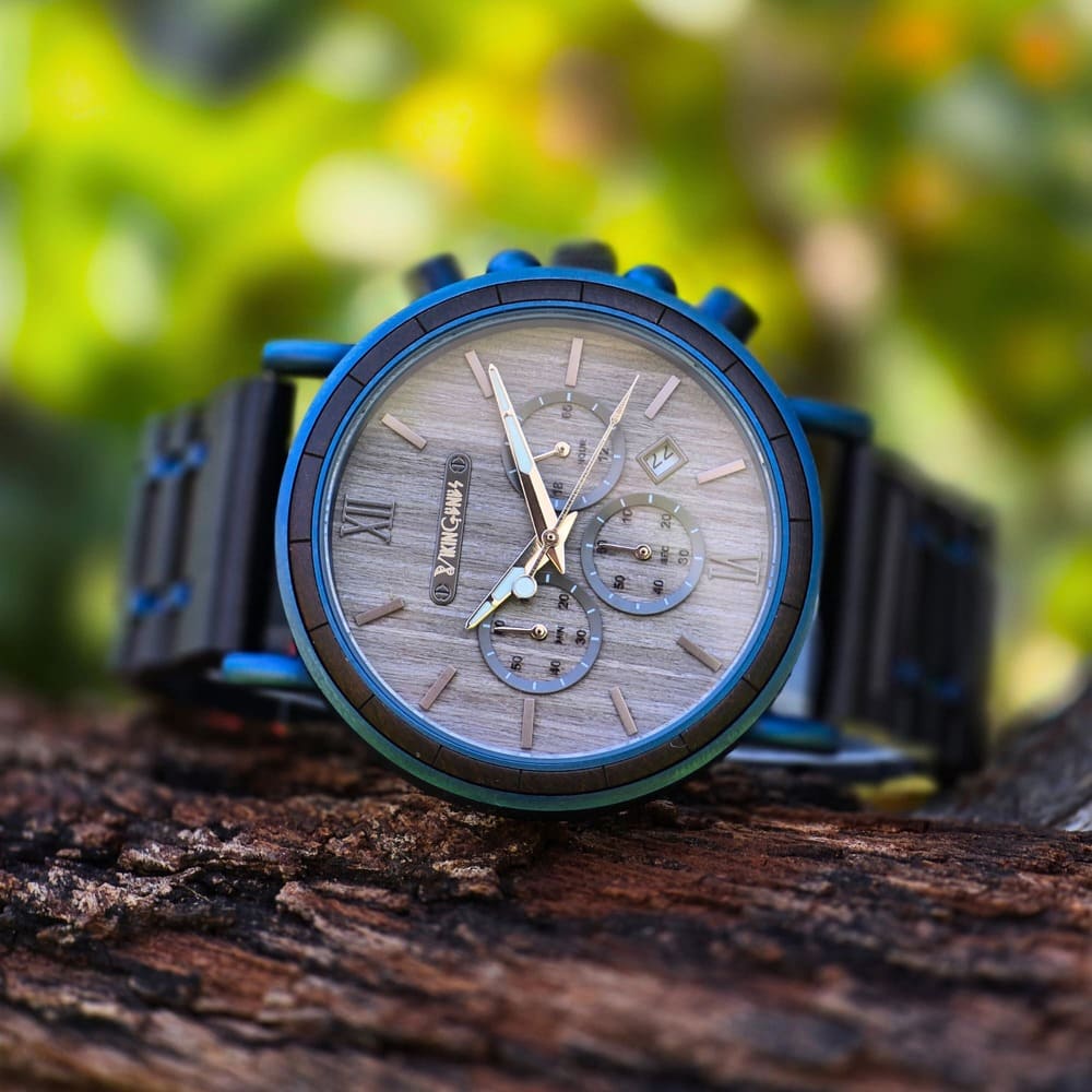 Black & Blue Wooden Chronograph Watch