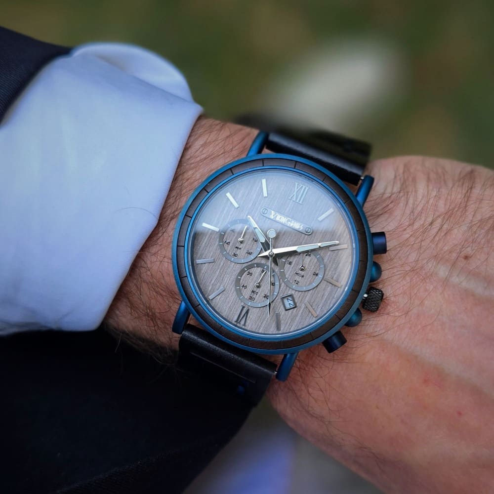 Black & Blue Wooden Chronograph Watch
