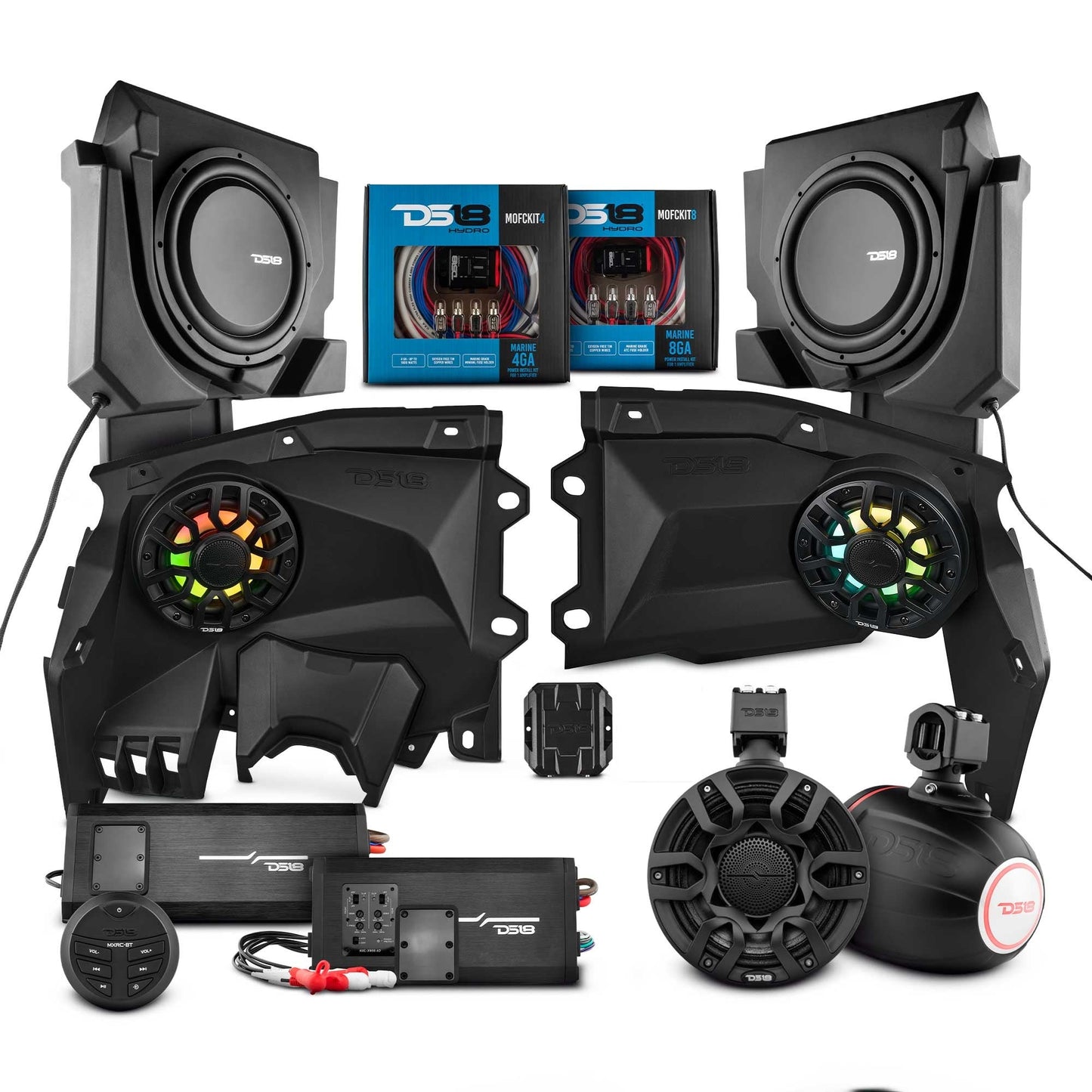 Can-Am Maverick X3 Stage 4 Dash Panel Speaker Enclosures + Driver and Passenger Side Under Seat Subwoofer Enclosure and Pair of Tower Speakers - 3800W MAX