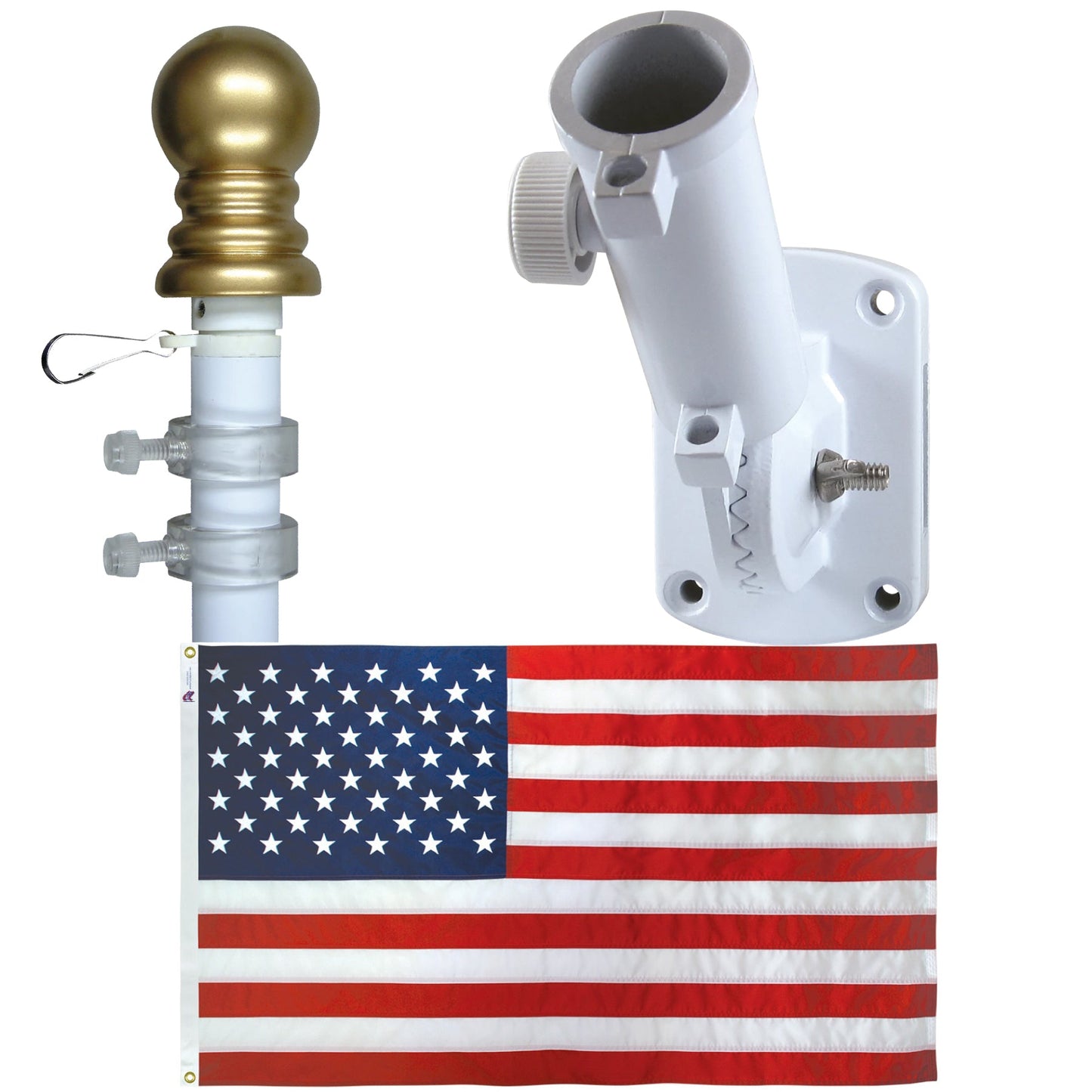 Non Tangle Flagpole Kit w/ Flag, Adjustable Bracket & Aluminum Pole