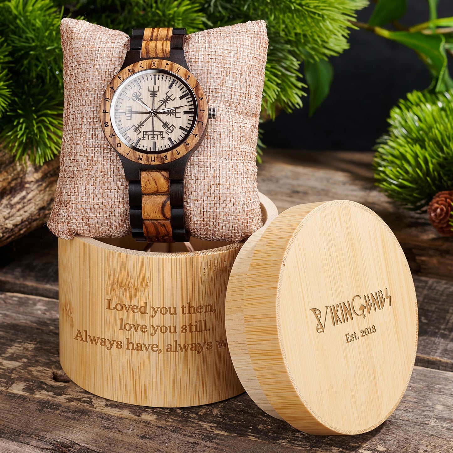 Personalized Viking Compass Vegvisir Handmade Wooden Watch