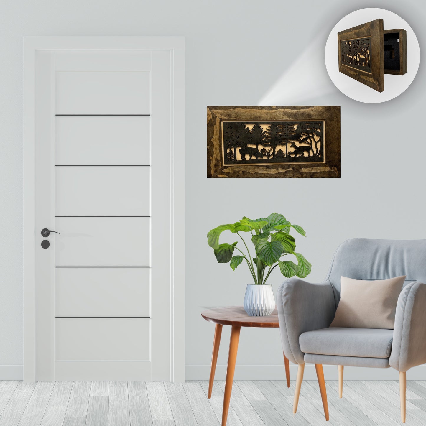 Hidden Gun Safe - Deer Scene Wall Gun Cabinet - Hidden Wall Storage - Wood Gun Cabinet - Handcrafted Gun Concealment Furniture - Hidden Gun Storage by Bellewood Designs