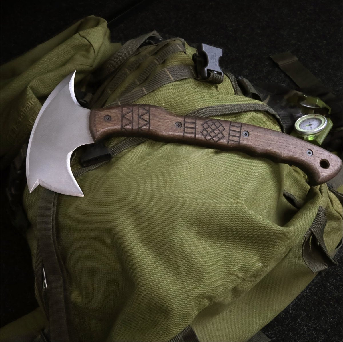 Handcrafted tomahawk "Takoda" with tribal engraving