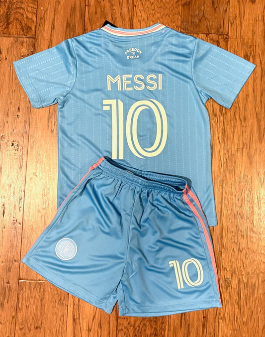 Lionel Messi Kids Blue Miami Soccer Jersey Set Football Youth Toddler