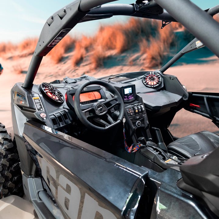 Can-Am Maverick X3 Stage 4 Dash Panel Speaker Enclosures + Driver and Passenger Side Under Seat Subwoofer Enclosure and Pair of Tower Speakers - 3800W MAX