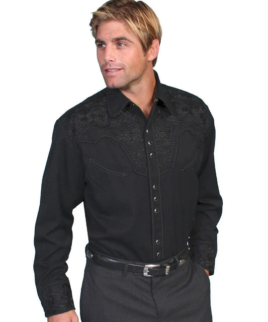 Scully Floral Tooled Embroidery - Men's Western Shirt (Jet Black)