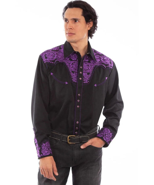Scully Floral Tooled Embroidery - Men's Western Shirt (Purple/Black)