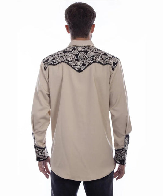 Scully Floral Tooled Embroidery - Men's Western Shirt (Tan/Black)
