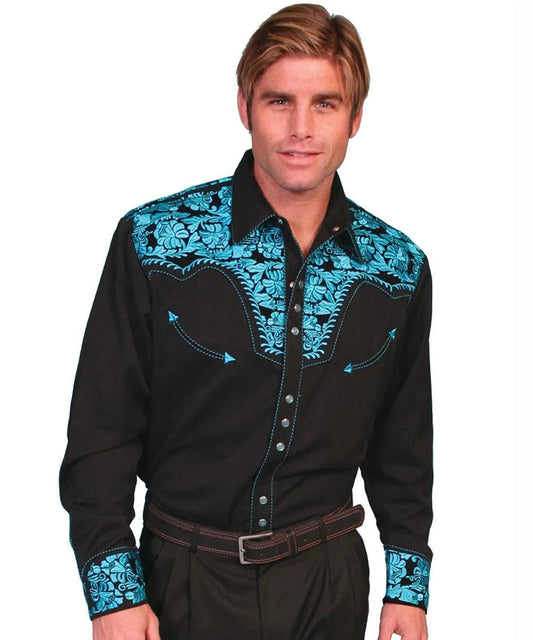 Scully Floral Tooled Embroidery - Men's Western Shirt (Black/Turquoise)