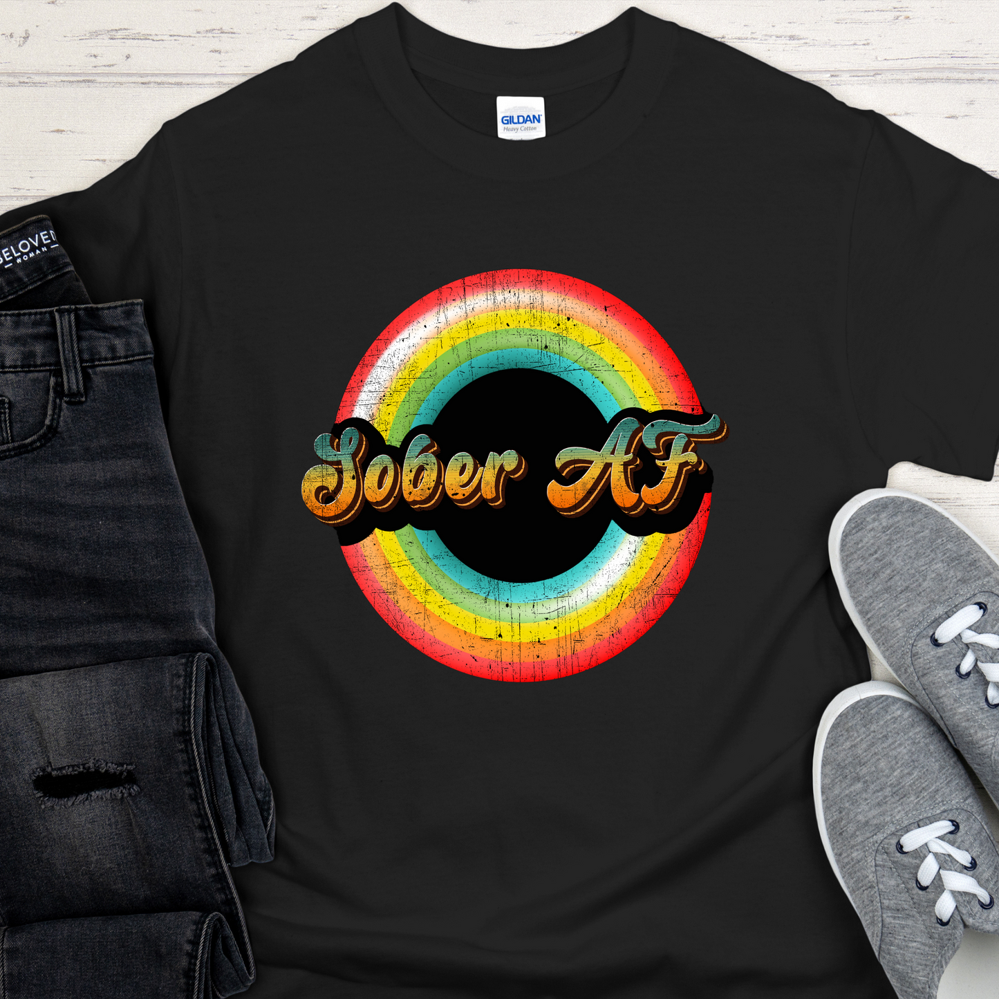 Recovery T-Shirt | Inspiring Sobriety |  Sober AF Retro Rainbow
