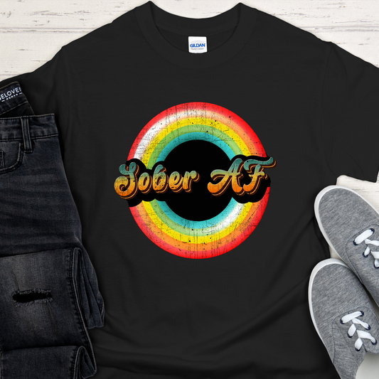 Recovery T-Shirt | Inspiring Sobriety |  Sober AF Retro Rainbow