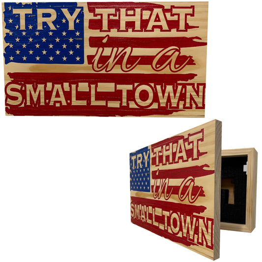 American Flag Try That In A Small Town Decorative and Secure Gun Cabinet (Red and Blue)